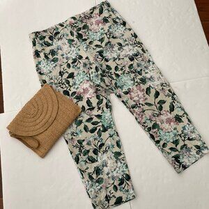 J.Jill Floral Stretch Linen Button Ankle Cropped Pant Large